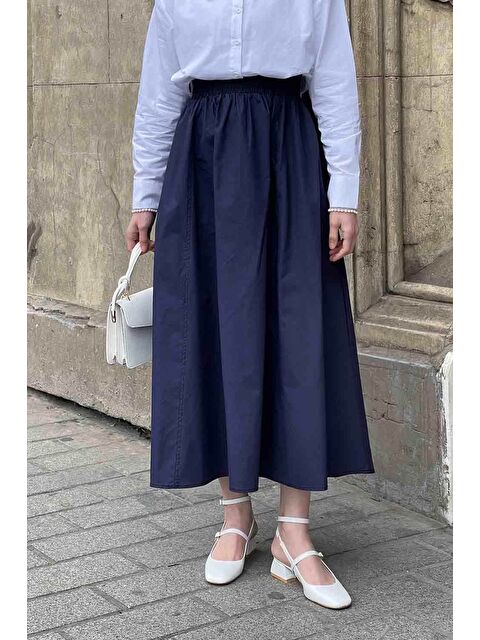 Lamelif Cep Detaylı Kloş Keten Etek Lacivert - S000517833-21164