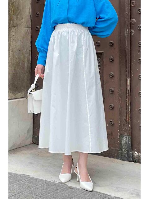 Lamelif Cep Detaylı Kloş Keten Etek Beyaz - S000517833-20063