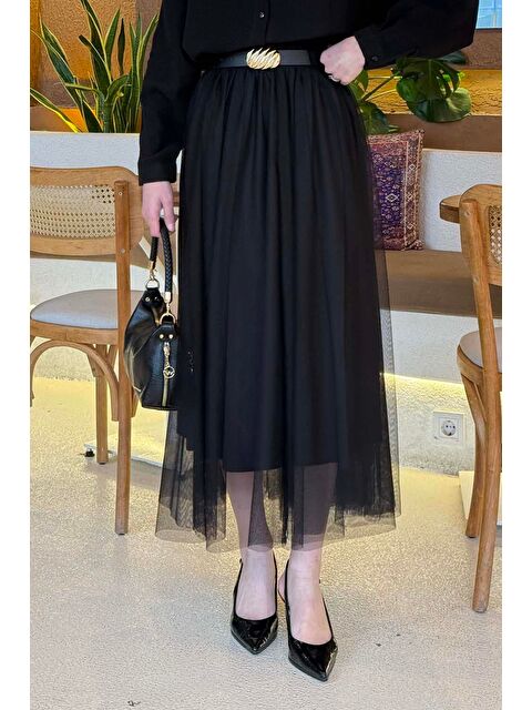 Lamelif Pileli Kemerli Tül Etek Siyah - S000517838-19351