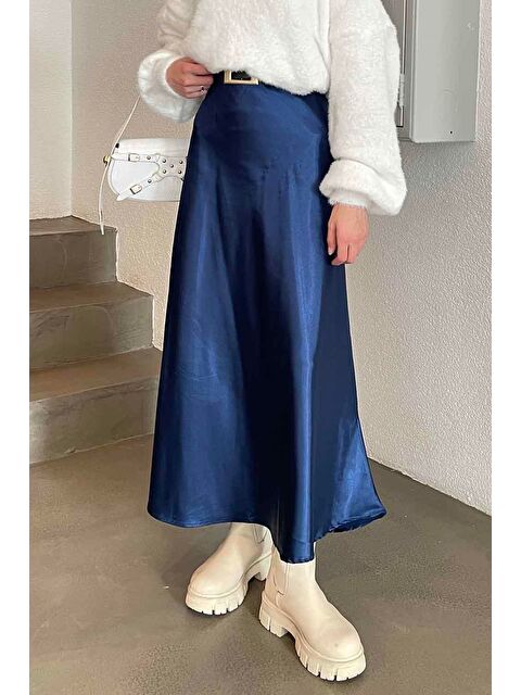 Lamelif Düz Saten Çan Etek Saks Mavisi