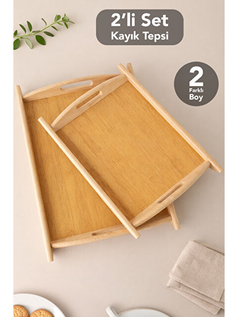 Meleni Home 2'li Kulplu Kayık Bambu Tepsi