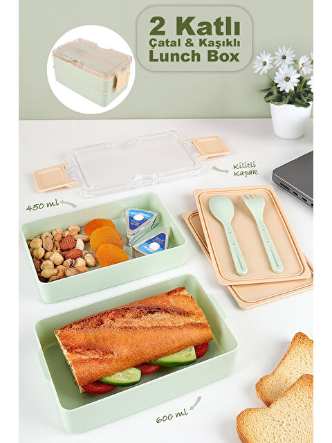 Meleni Home 2 Katlı Kilitli Beslenme Kabı - Kendinden Çatal Kaşıklı Lunch Box Beslenme Kutusu Saklama Kabı Yeşil