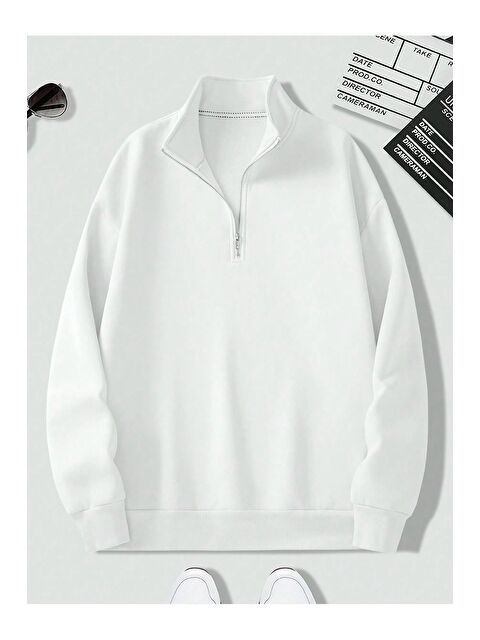 Trendseninle Kadın 3 İplik Beyaz Metal Fermuarlı Dik Yaka Oversize Sweatshirt - S000312665-20063