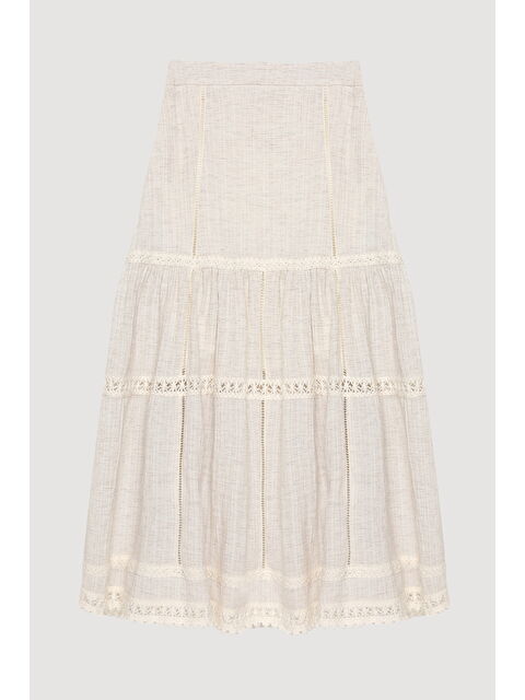 QUZU Dantel Detaylı Volanlı Midi Etek Naturel - S000381108-26406