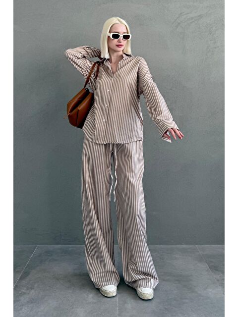 Madmext Camel Çizgili Gömlek Pantolon Kadın Takım Mg2457 - S000377744-4557