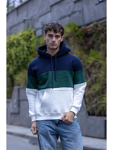 Oksit Luan Üç İplik Pamuklu Parçalı Kapüşonlu  Erkek Hoodie - S000281165-21164