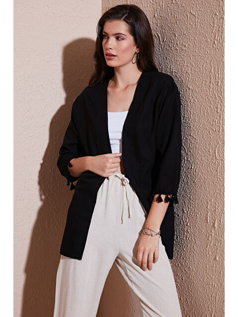 Lela Pamuk ve Keten Karışımlı Püskül Detaylı Regular Fit Uzun Kimono Hırka 5869015 - S000375859-19351