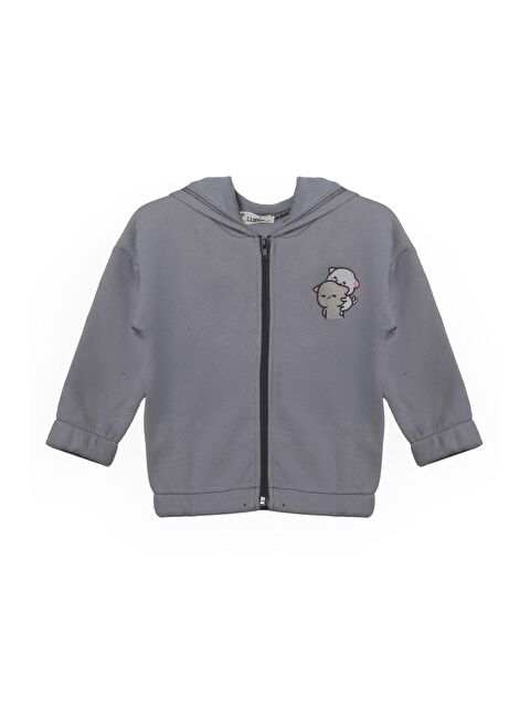 Luess Unisex Çocuk %100 Pamuklu Kedi Nakışlı Kışlık Hırka  -Gri(3-4 yaş 8-9 Yaş) - S000319331-20600