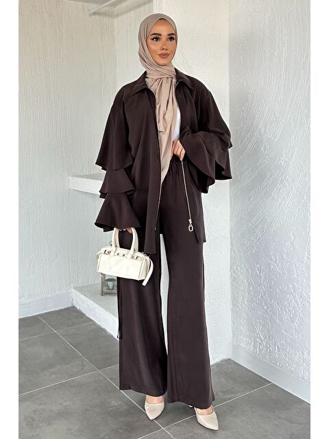 Julude Gülseli Kol Fırfırlı Tunik Bel Lastikli Pantolon Tesettür İkili Takım