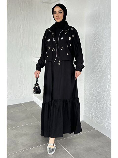 Julude Gülseli Düz Elbise Taş İşlemeli Ceket Tesettür İkili Takım