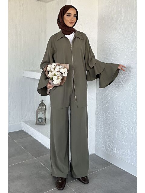 Julude Gülseli Kol Fırfırlı Tunik Bel Lastikli Pantolon Tesettür İkili Takım