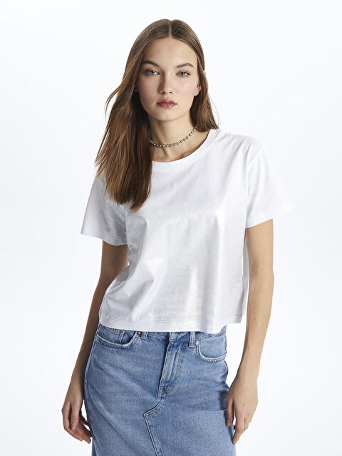 Dexia New York - Bisiklet Yaka Varak Baskılı Crop Tshirt - Beyaz Renk - S000118462-20063