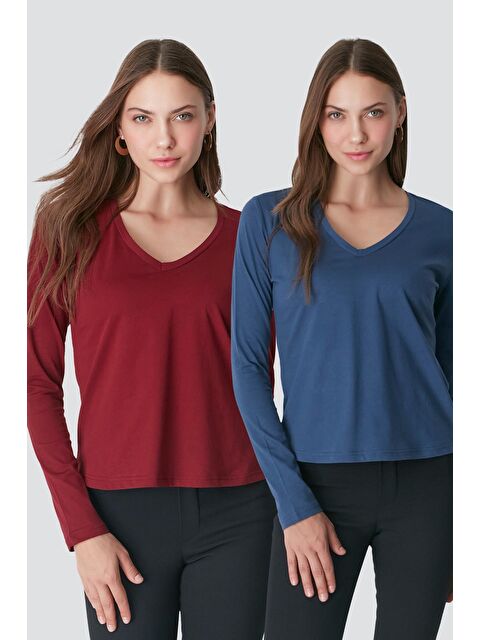 C&City V Yaka Uzun Kol 2'Li Basic T-Shirt 954 İndigo/Bordo - S000216823-23093