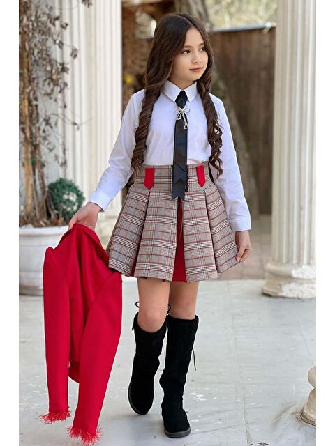 Riccotarz Kız Çocuk Blazer Ceket, Kravat Çizgili Kırmızı Etekli Takım - S000450876-20045