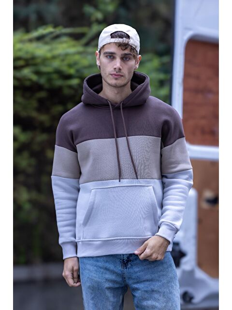 Oksit Luan Üç İplik Pamuklu Parçalı Kapüşonlu  Erkek Hoodie - S000281165-19413