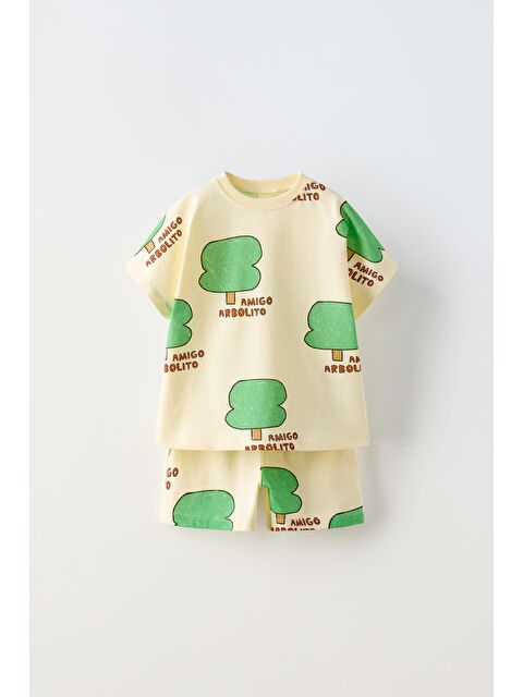 Magu Unisex Çocuk Pamuklu Sarı Ağaç Desenli T-Shirt Ve Şort Takım – Yazlık 2'Li Set - S000386379-23173