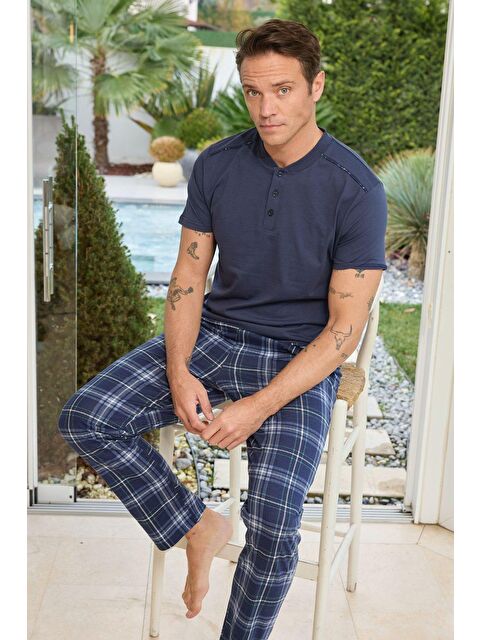 Formo Erkek %100 Organik Pamuk Kısa Kollu Ekose Yüksek Kaliteli Pijama Takımı - S000361849-17234