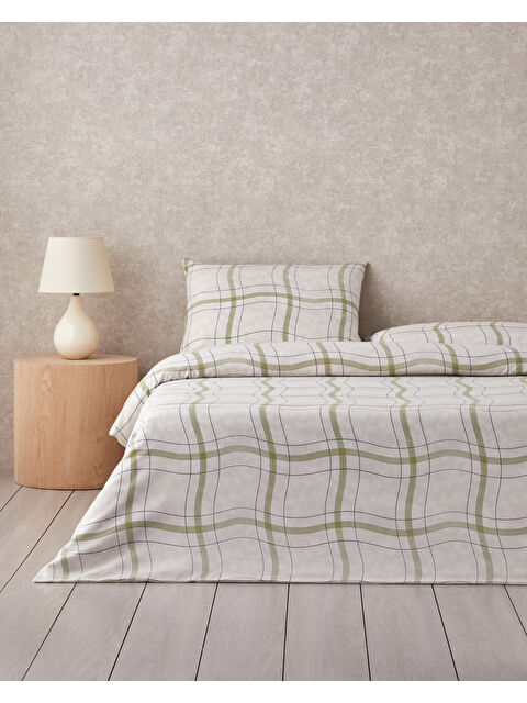 English Home Wave Check Kolay Ütülenir Çift Kişilik Çarşaflı Nevresim Takımı 200x220 cm Açık Yeşil-Bej