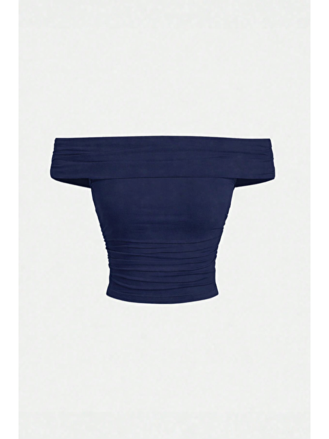 Tarz Cool Kadın Lacivert Madonna Yaka Esnek Fit Bluz - Omuz Açık Vücudu Saran Üst - S000503824-21164