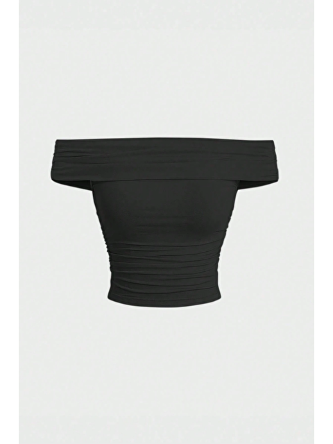 Tarz Cool Kadın Siyah Madonna Yaka Esnek Fit Bluz - Omuz Açık Vücudu Saran Üst - S000503824-19351