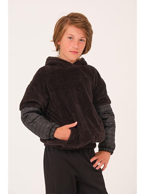JAZZİEE Unisex Çocuk Kapitone Detaylı Pelüş Sweatshirt - Siyah - S000316664-19351