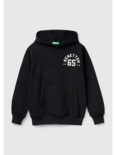United Colors Of Benetton Erkek Çocuk Siyah Önü Logo Baskılı Kanguru Cepli Kapüşonlu Sweatshirt - S000308126-19351