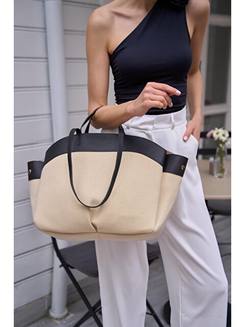 MADAMRA Kontrast Tote Çanta Siyah- Krem - S000187420-37428