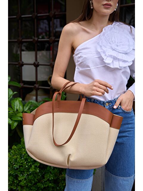 MADAMRA Kontrast Tote Çanta Taba - S000187420-37454