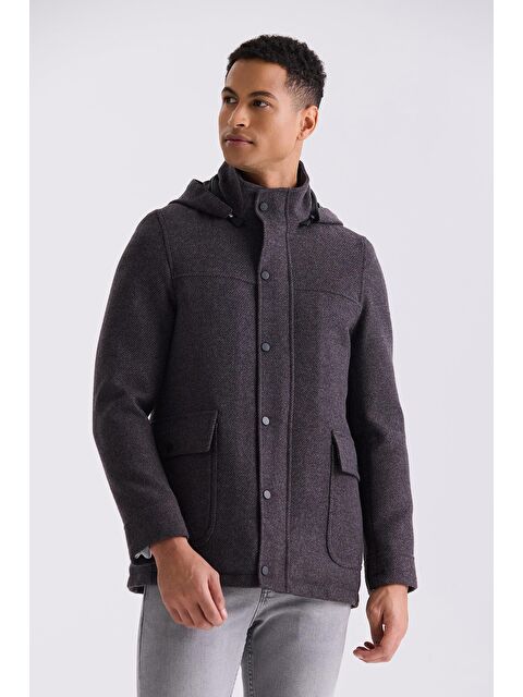 JAKAMEN Bordo Comfort Fit Hakim Yaka Desenli Kapüşonlu Yünlü Spor Kaban - S000496608-19951