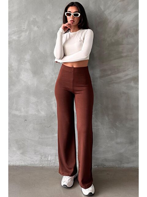 Madmext Kahverengi Yüksek Bel Düz Model Kadın İspanyol Paça Tayt Pantolon Mg2288 - S000346038-19413