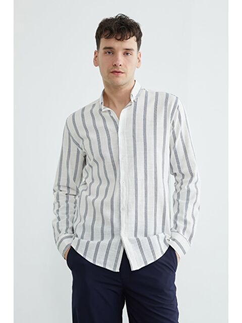 Fullamoda Çizgili Keten Görünümlü Gömlek