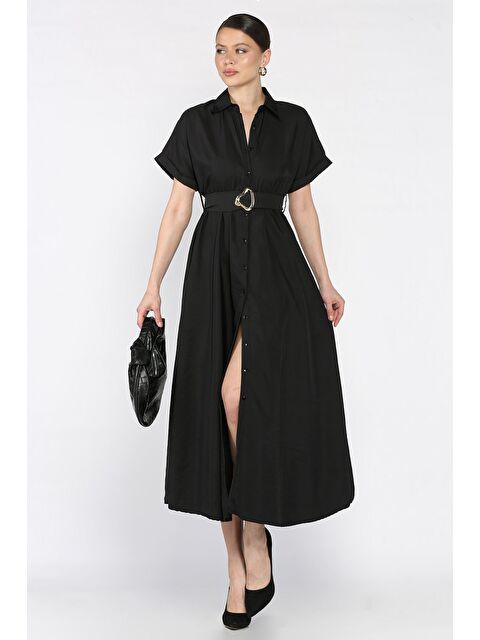 Gülseli Boydan Düğmeli Bel Lastikli Kemerli Kısa Kol Elbise - S000387681-19351