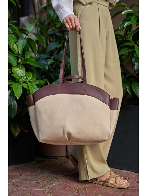 MADAMRA Kontrast Tote Çanta Kahverengi - S000187420-19413