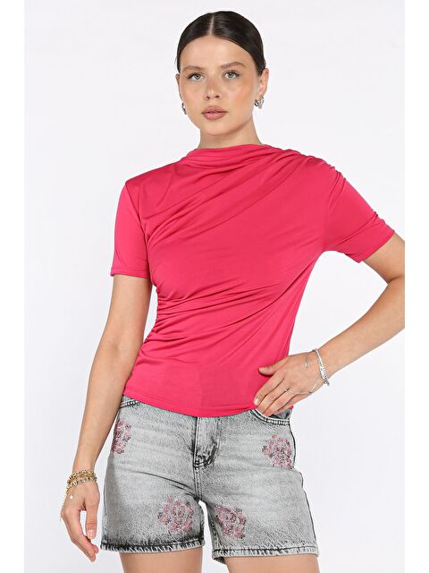 Gülseli Kadın Omuz Ve Bel Drapeli Kısa Kol Bluz - S000379816-18686