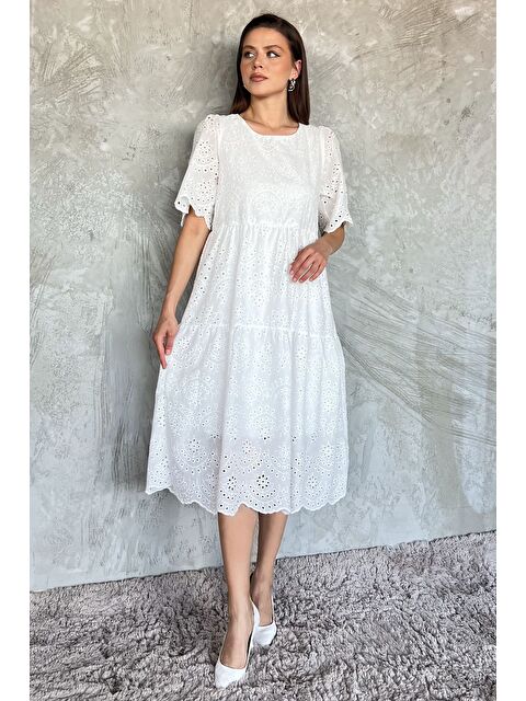Gülseli Dantel İşlemeli Kadın Kısa Kol Elbise - S000379894-20063