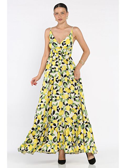 Gülseli İp Askılı Bel Bağcıklı Desenli Viskon Elbise - S000399253-20072