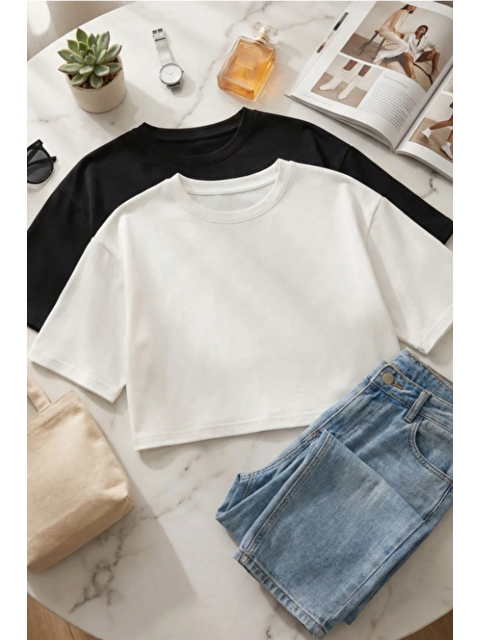 Tarz Cool Kadın Siyah-Beyaz Bisiklet Yaka Oversize Crop Tişört - %100 Pamuklu Basic Kısa Kol - S000503825-37424