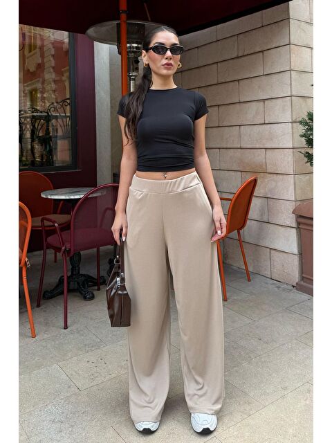 Madmext Bej Yüksek Bel Rahat Kesim Geniş Paça Kadın Pantolon Mg2309 - S000346037-19928