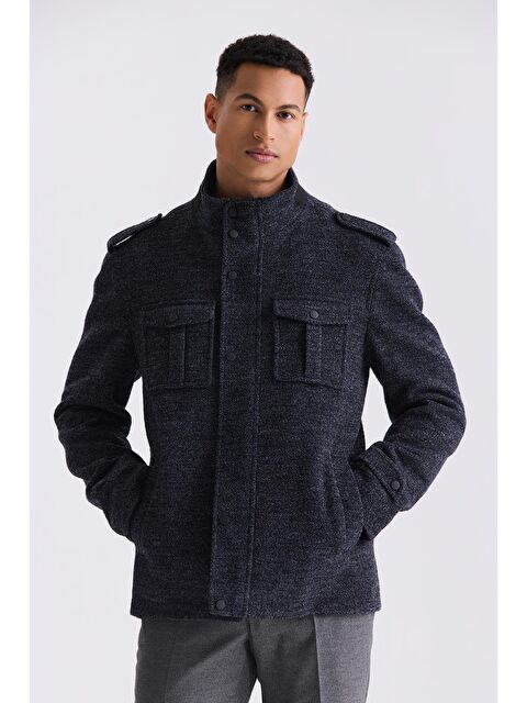 JAKAMEN Koyu Lacivert Slim Fit Hakim Yaka Apoletli Desenli Spor Kaşe Kaban - S000496609-29672