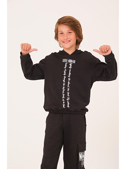 JAZZİEE Unisex Çocuk Yazı Baskı Detaylı Kapüşonlu Sweatshirt - Siyah - S000316665-19351