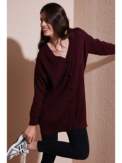 Lela V Yaka Düğmeli Uzun Triko Kadın Hırka 4616040Y - S000243017-19951