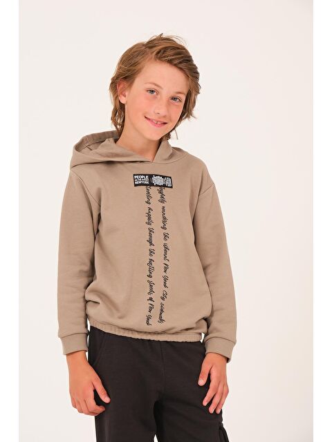 JAZZİEE Unisex Çocuk Yazı Baskı Detaylı Kapüşonlu Sweatshirt - Açık Haki - S000316666-17354