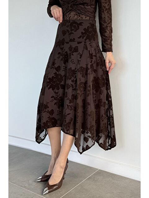 Gülseli Kadın İç Astarlı Kendinden Desenli Asimetrik Kesim Etek - S000491563-19413