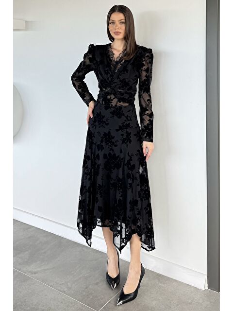 Gülseli Kadın İç Astarlı Kendinden Desenli Asimetrik Kesim Etek - S000491563-19351