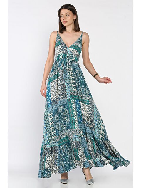 Gülseli İp Askılı Bel Bağcıklı Desenli Viskon Elbise - S000399253-18194