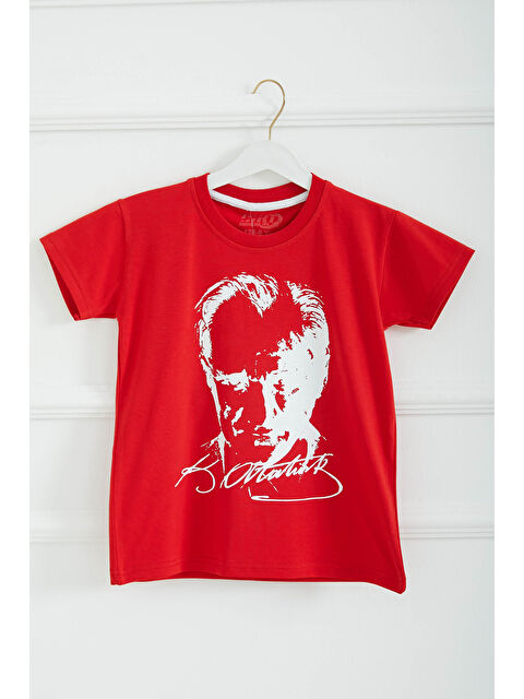 Tofisa Erkek Çocuk Kirmizi Bisiklet Yaka Atatürk Baskılı Kısa Kollu Unisex T-Shirt - 26847 - S000450879-20045
