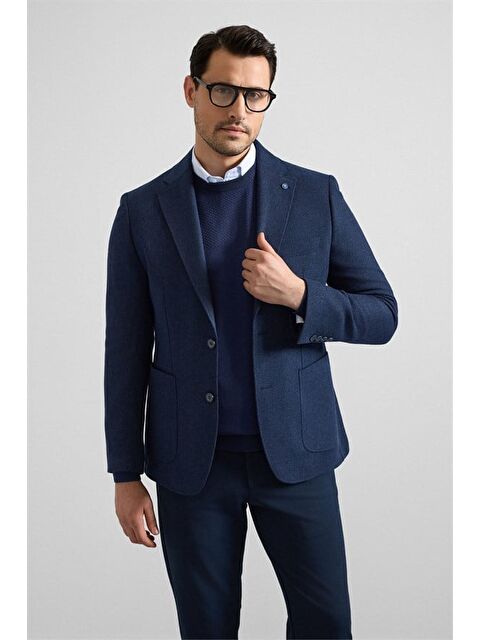 Süvari Lacivert Slim Mono Yaka Torba Cep 6 Drop Klasik Ceket