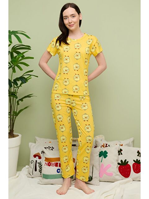 Fullamoda Kalp Desenli Bisiklet Yaka Kısa Kollu Pijama Takımı