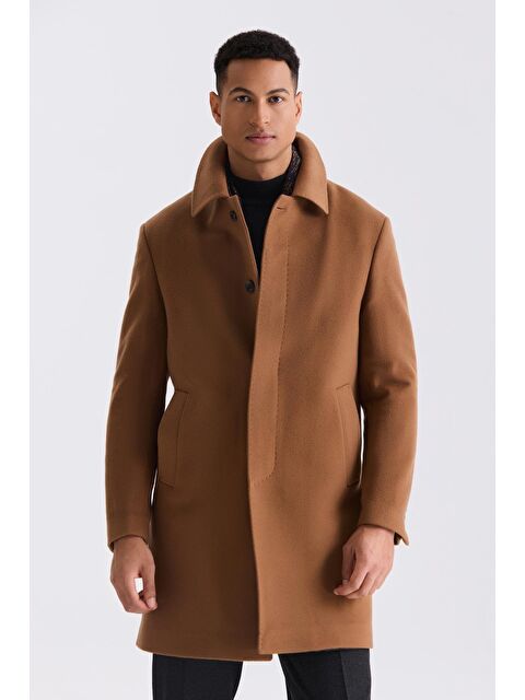 JAKAMEN Taba Comfort Fit Berberi Yaka Yünlü Kaşe Kaban - S000496602-14955