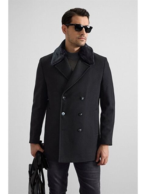 Süvari Siyah Slim Kruvaze Yaka Cepsiz Kaban